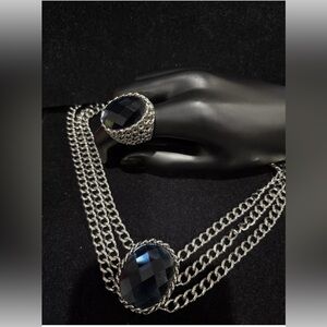 PJM Large Sapphire silver tone Colored Stone Multi strand Necklace & Ring sz 8